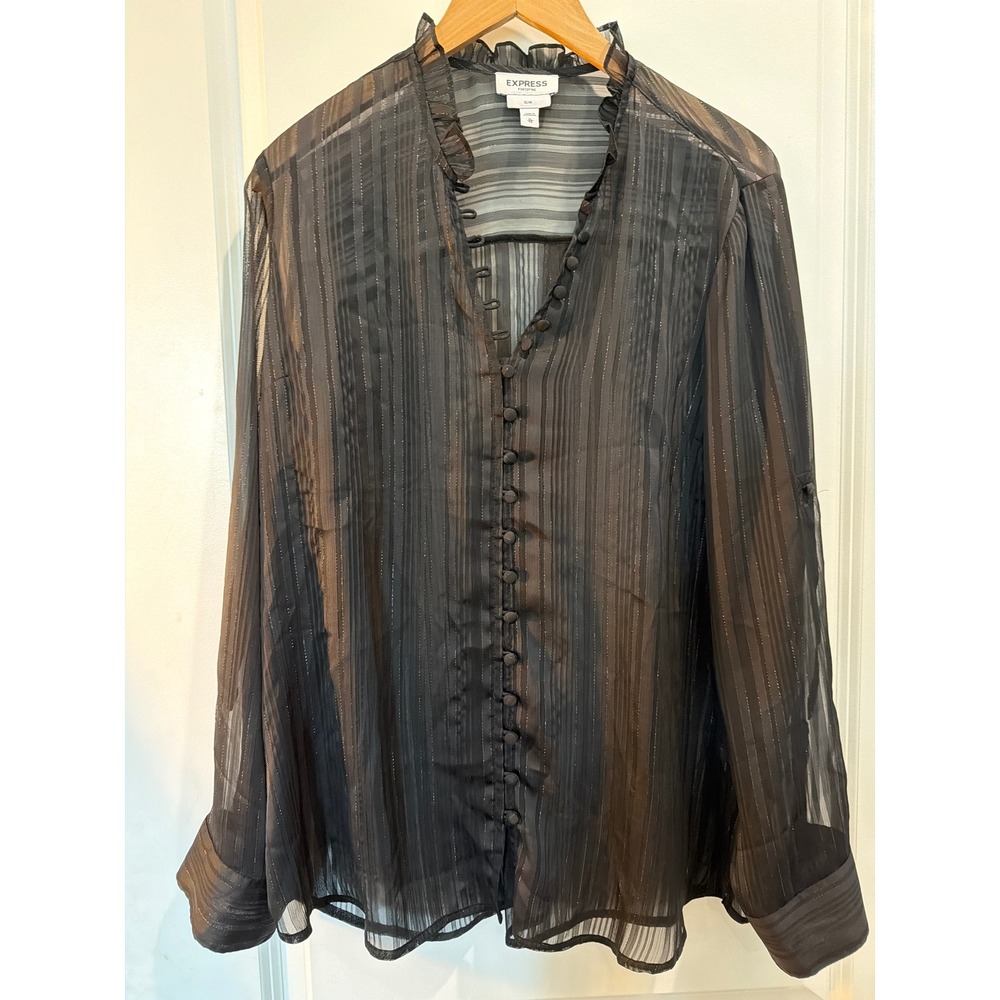 Express Portofino Slim Blouse Black Sheer Metallic Stripe Ruffle Button Top XL